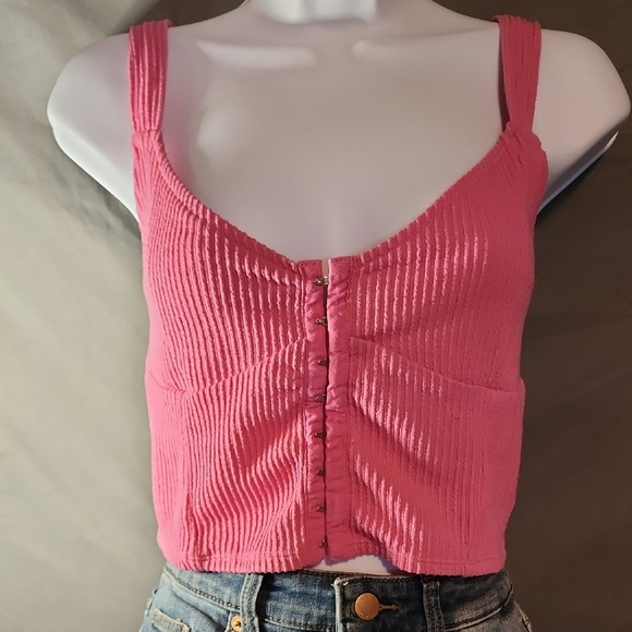 Pink Ribbed Ruched Sleeveless Crop Tank Top - Picture 1 of 8
